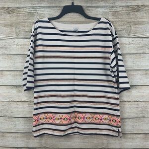 J Crew • Striped-Embroidered Boat Neck Top
